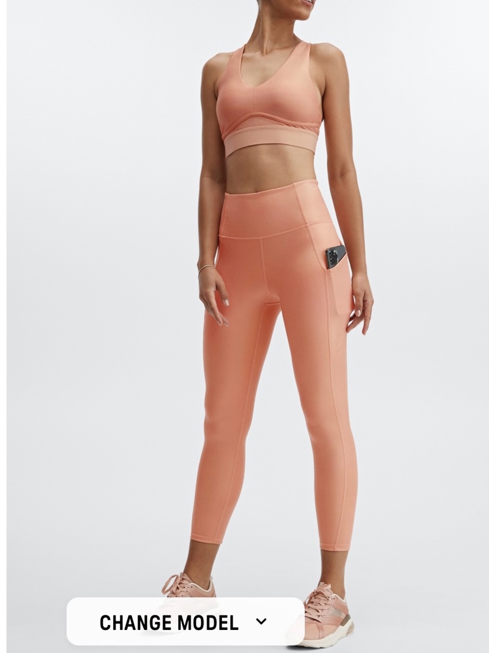 NWT Fabletics Peach iridescent cropped bra top- M & 7/8 Side-Pocket Leggings- S